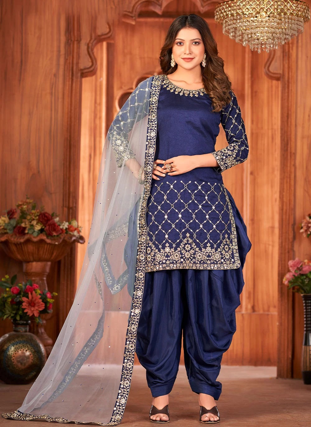 Blue Art Silk Patiyala Suit With Heavy Glass Work