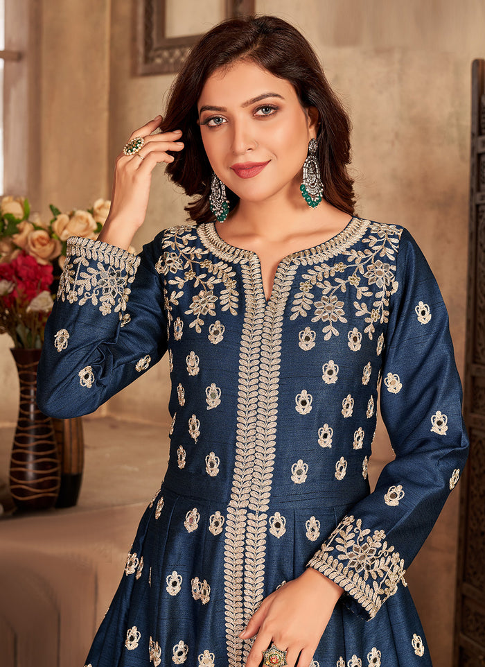 Blue Art Silk Slitted Abaya Style Salwar Kameez