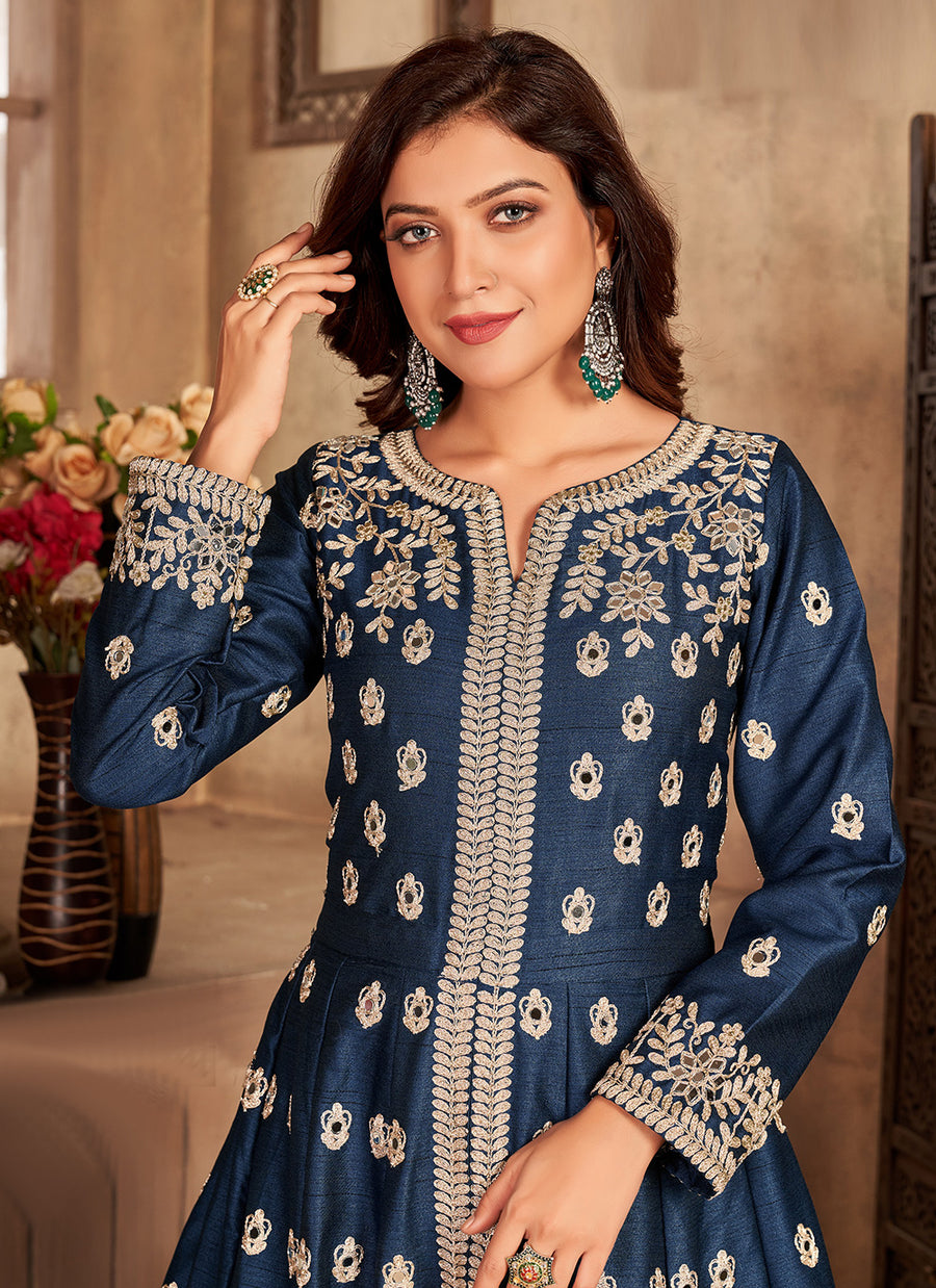 Blue Art Silk Slitted Abaya Style Salwar Kameez