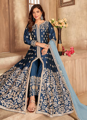 Blue Art Silk Slitted Abaya Style Salwar Kameez