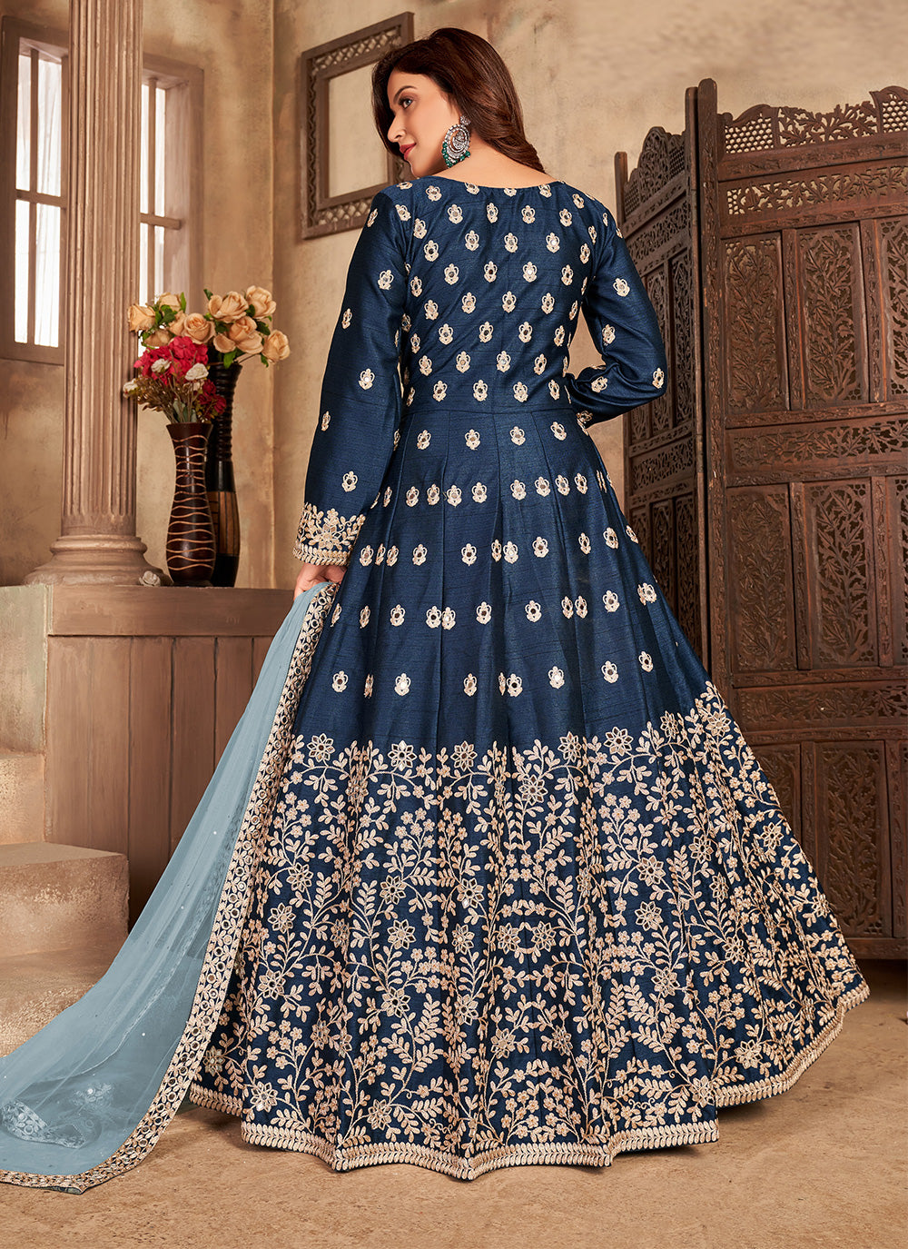 Blue Art Silk Slitted Abaya Style Salwar Kameez