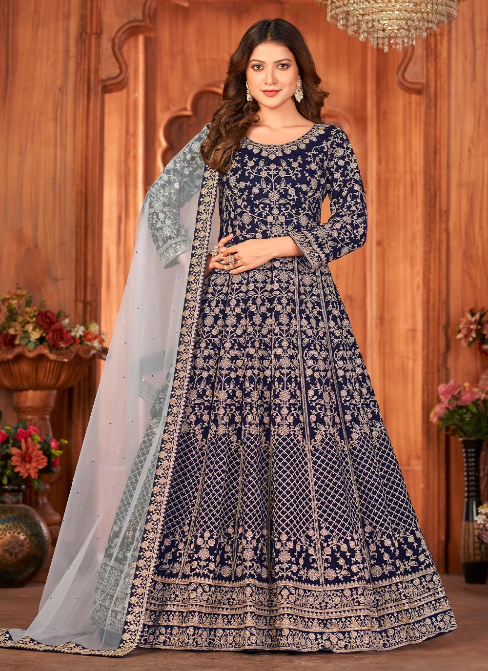Blue Color velvet heavy embroidered Abaya Style Anarkali Suit