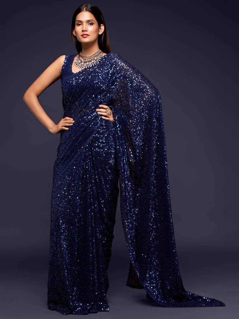 Blue Georgette Sequinned Embroidered Saree