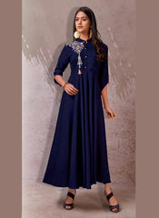 Blue Rayon Embroidered Kurti For Women