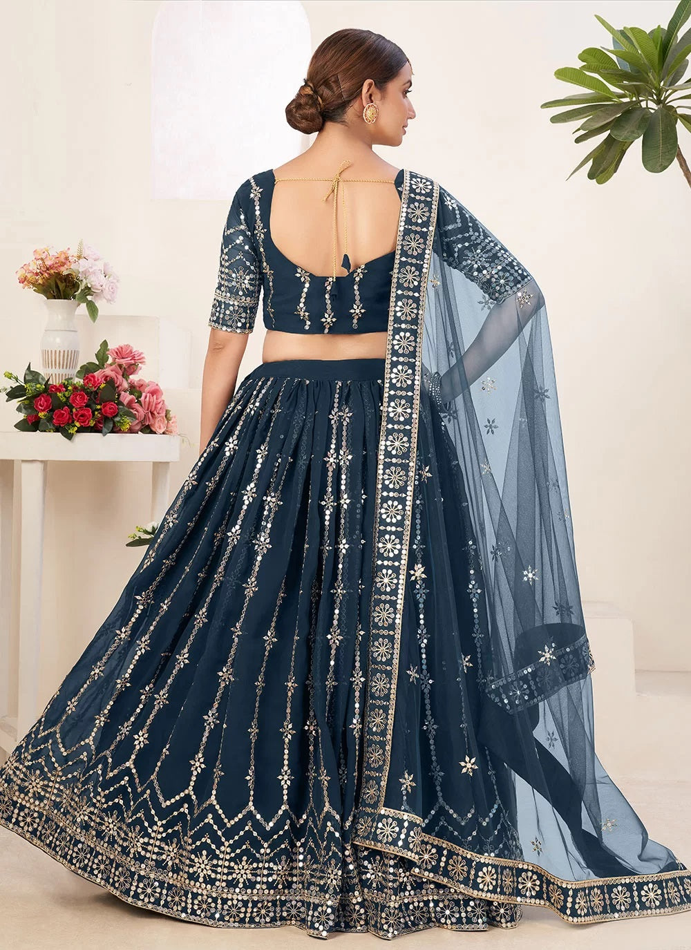 Blue Semi Stitched Faux Georgette Lehenga Choli