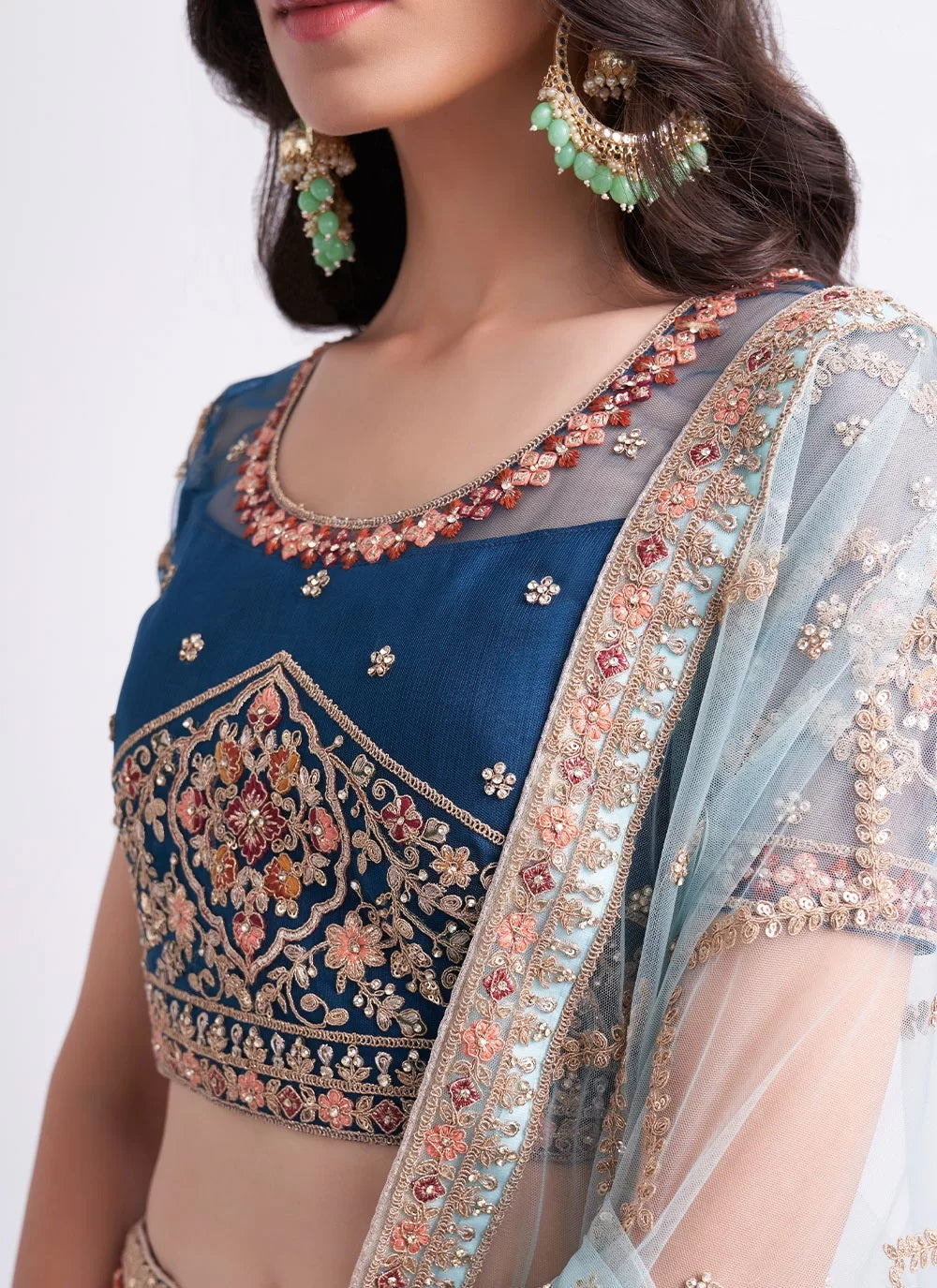 Bridal Persian Blue Heavy Embroidered Net Designer Lehenga