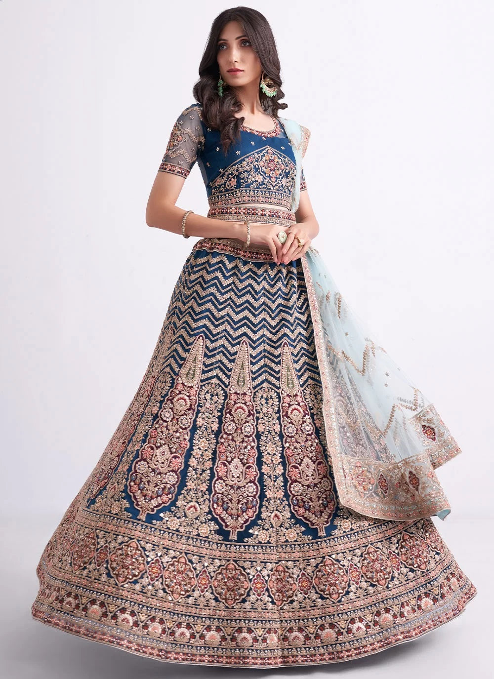 Bridal Persian Blue Heavy Embroidered Net Designer Lehenga