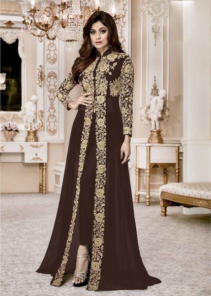 Brown Color Front Cut Real Georgette Party Wear Long Suit Gunj Fashion