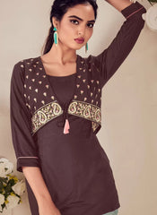 Brown Heavy Reyon Embroidered Short Western Tunic Tops