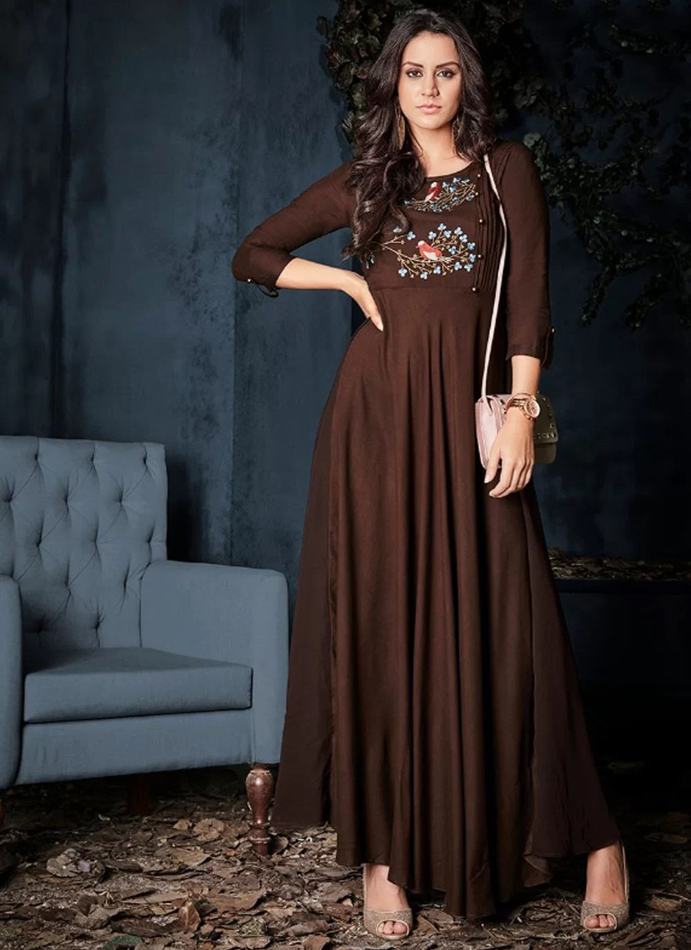 Brown Rayon Readymade Fancy Gown