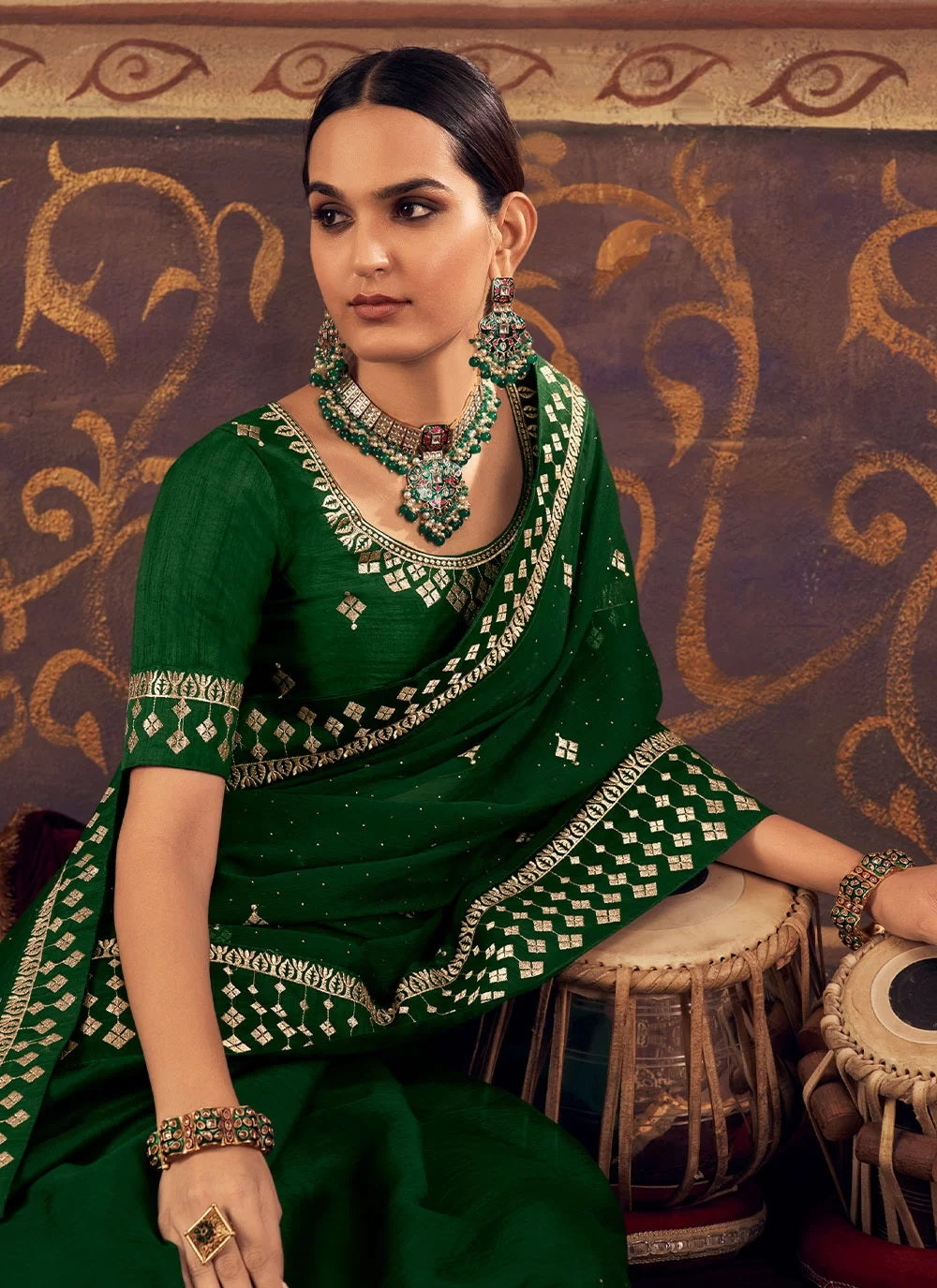 Chinnon Saree With Zari and Store Work In Green
