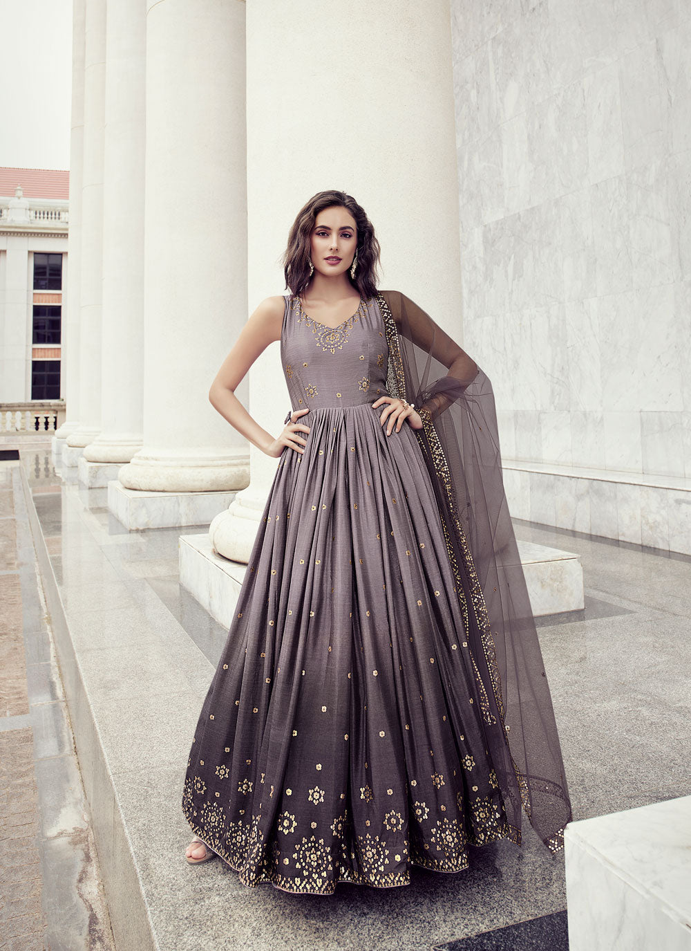 Chinon Sequince Embroidered Work Anarkali Gown With Dupatta