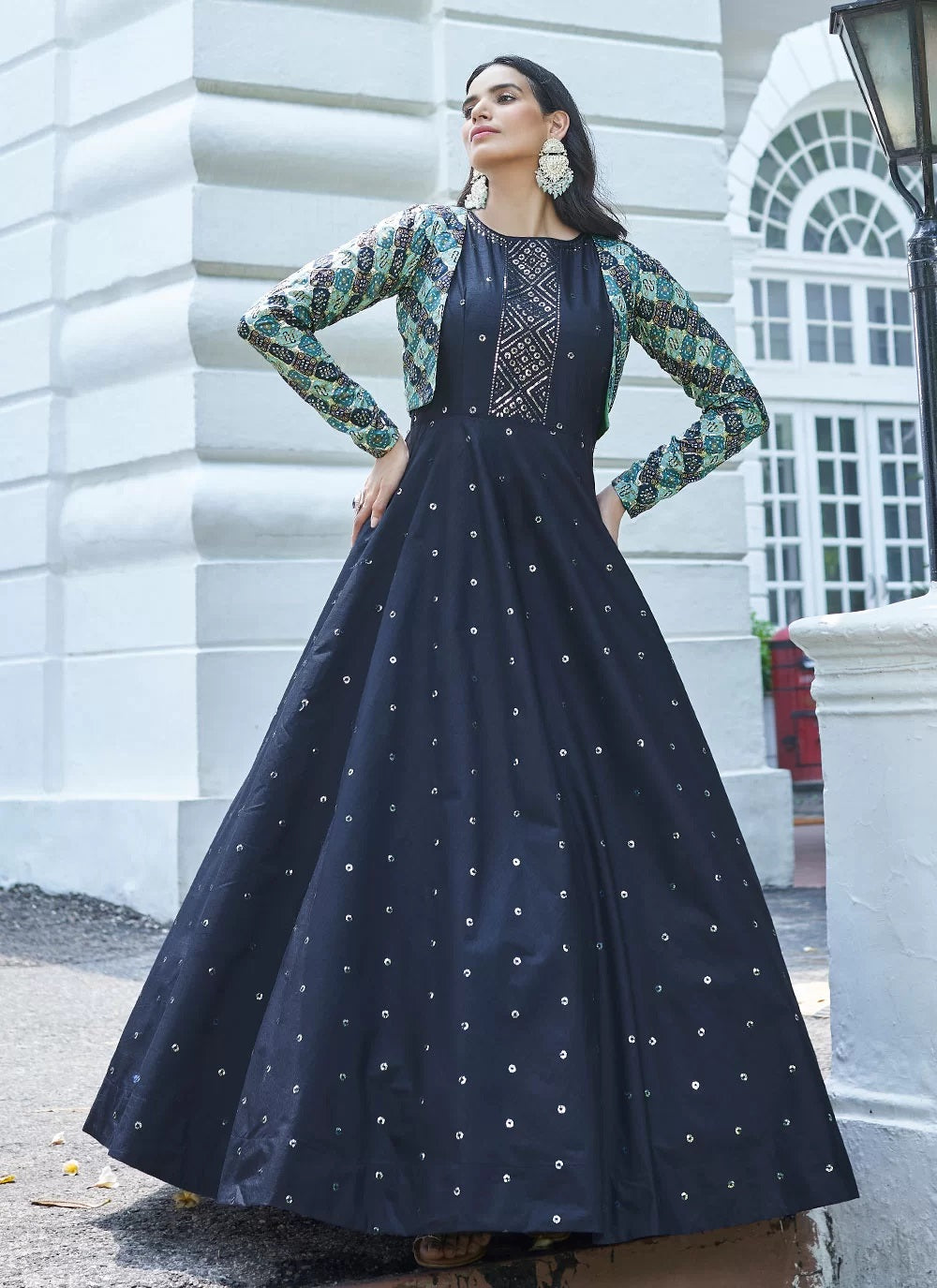 Cotton Anarkali Gown With Koti In Blue