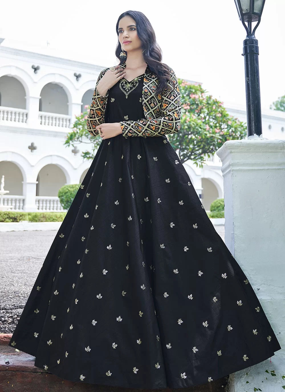 Cotton Black Thread Sequince Anarkali Gown With Koti