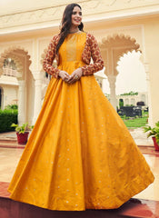 Cotton Designer Mustard Anarkali Gown With Koti
