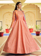 Cotton Sequins Embroidery Gown For Engagement in Peach