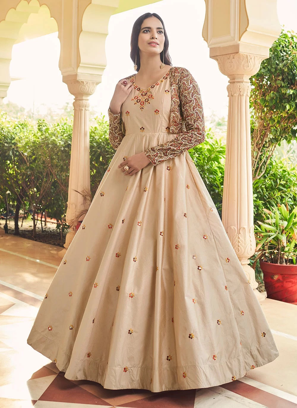 Cotton Sequins Embroidery Work Gown Anarkali
