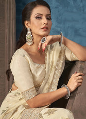 Cream Foil Printed Indian Designer Saree