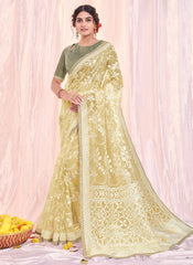 Cream Tissue Silk Embroidery Indian Saree