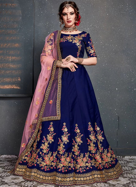 Dark Blue Taffeta Satin Silk Dulhan Lehenga Choli Gunj Fashion