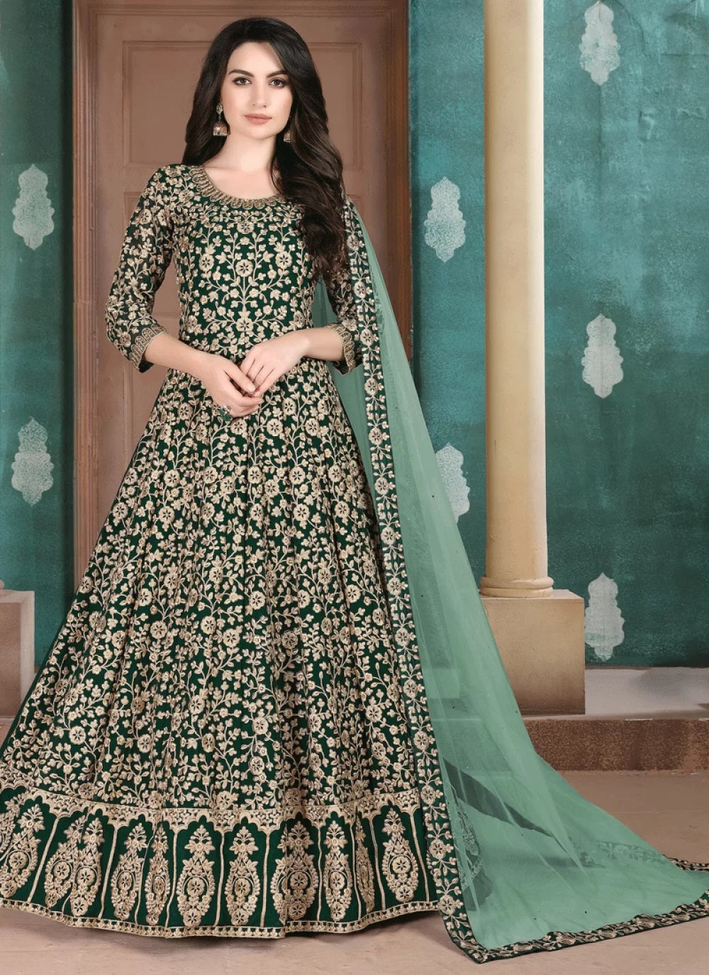 Dark Green Embroidered Georgette Abaya Style Suit