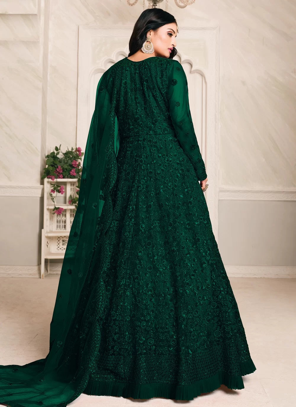 Dark Green Thread Embroidered Net Abaya Style Suit