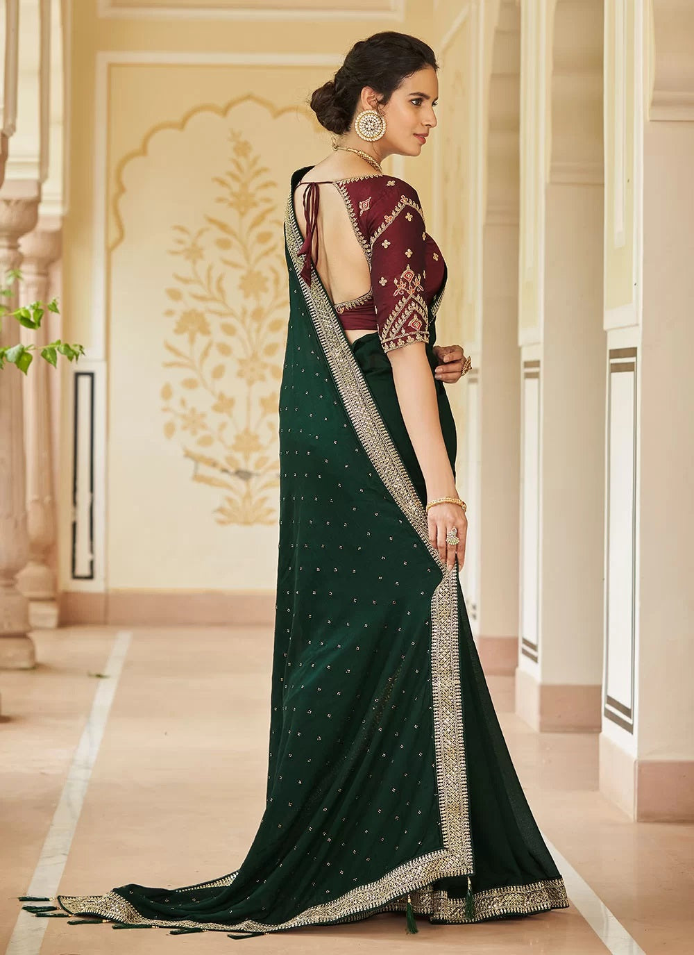 Dark Green Vichitra Silk Saree with Elegant Swarovski Embellishments