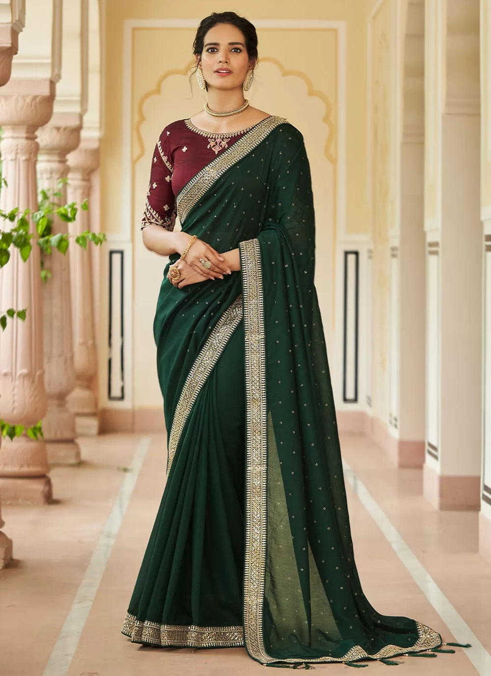 Dark Green Vichitra Silk Saree with Elegant Swarovski Embellishments