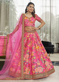 Deep Pink Art Silk Digital Print With Dori Sequins and Stone Work Lehenga