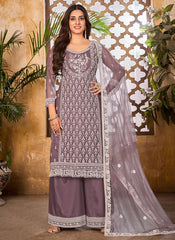Designer Net Embroidered Palazzo Suit In Purple