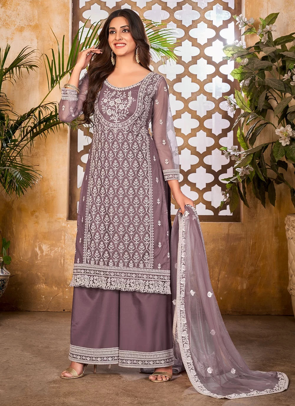 Designer Net Embroidered Palazzo Suit In Purple