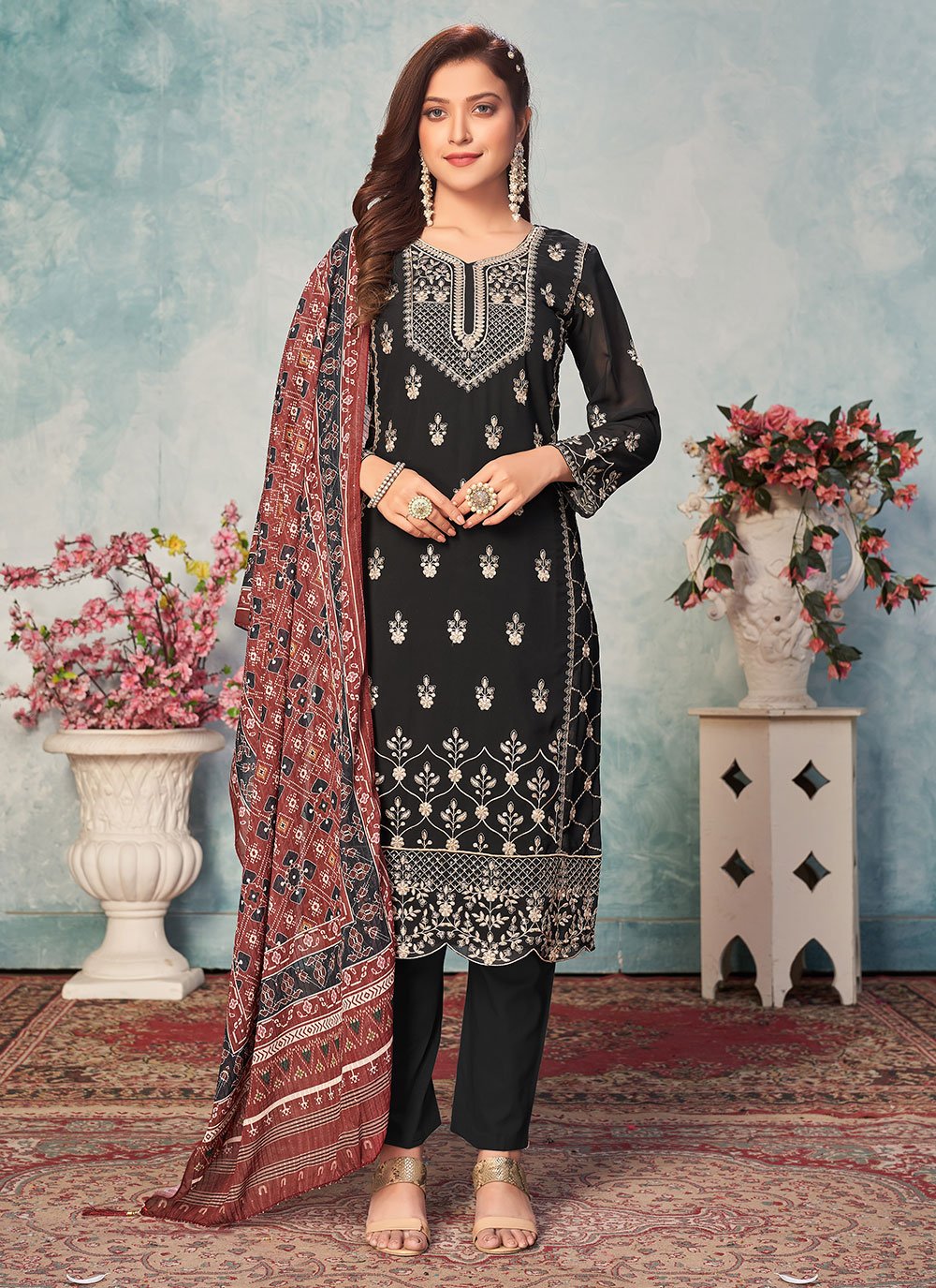 Designer Straight Faux Georgette Embroidered Suit