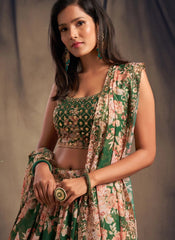 Digital Printed Organza Based Lehenga In Green