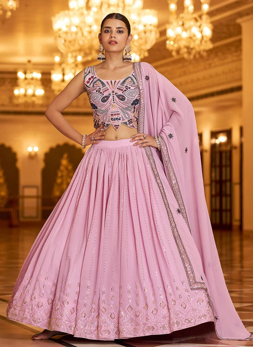 Dusty Pink Embroidered Georgette Wedding Lehenga Choli