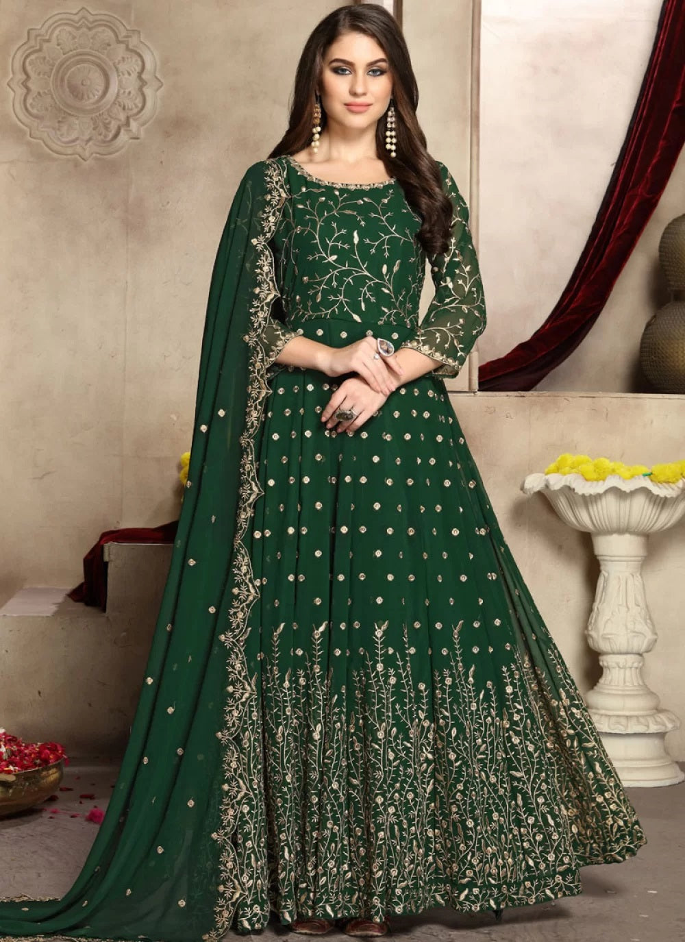 Elegant Green Color Heavy Embroidery Georgette Suit