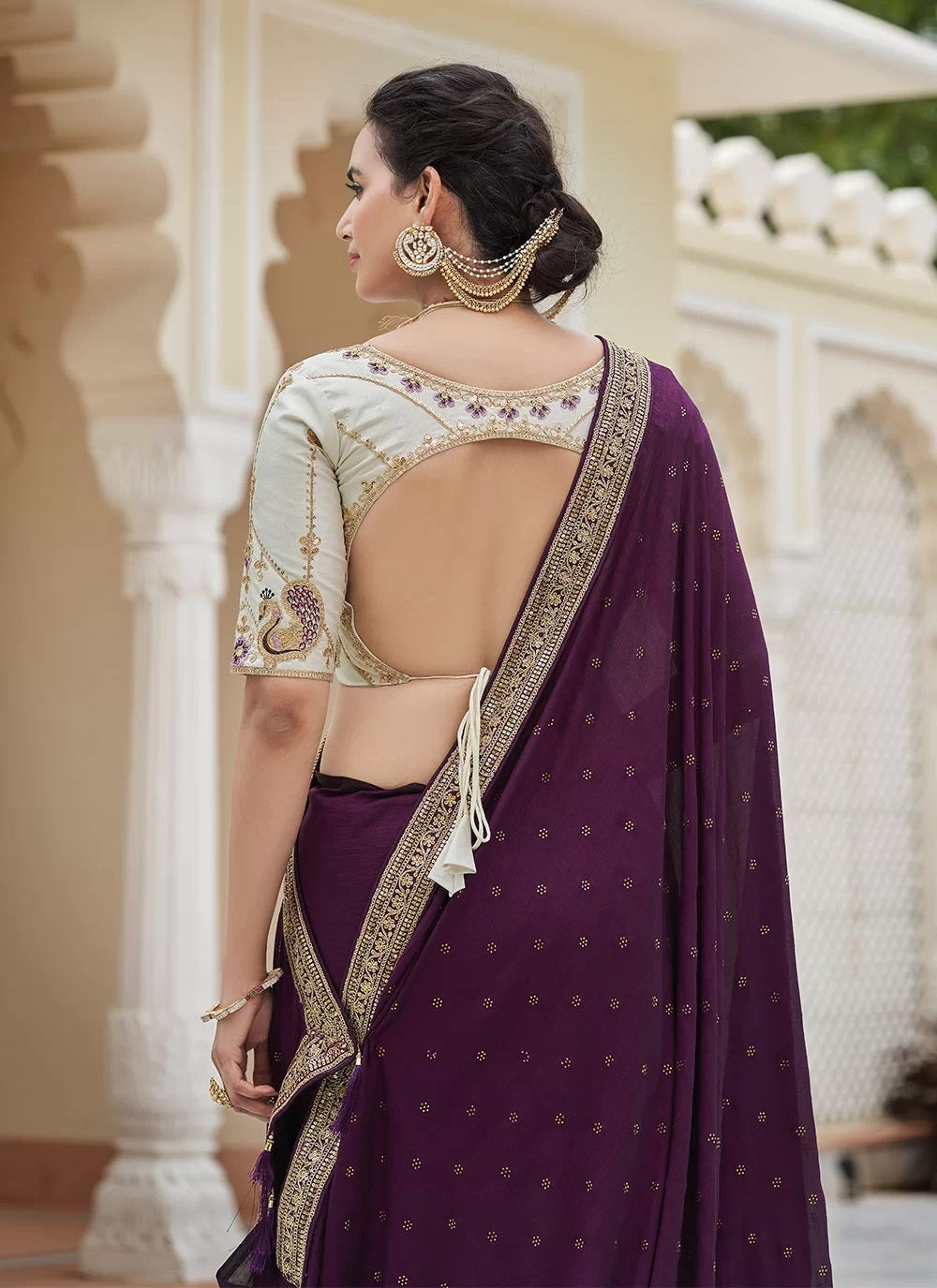 Elegant Purple Designer Vichitra Silk Saree with Swarovski Detailing