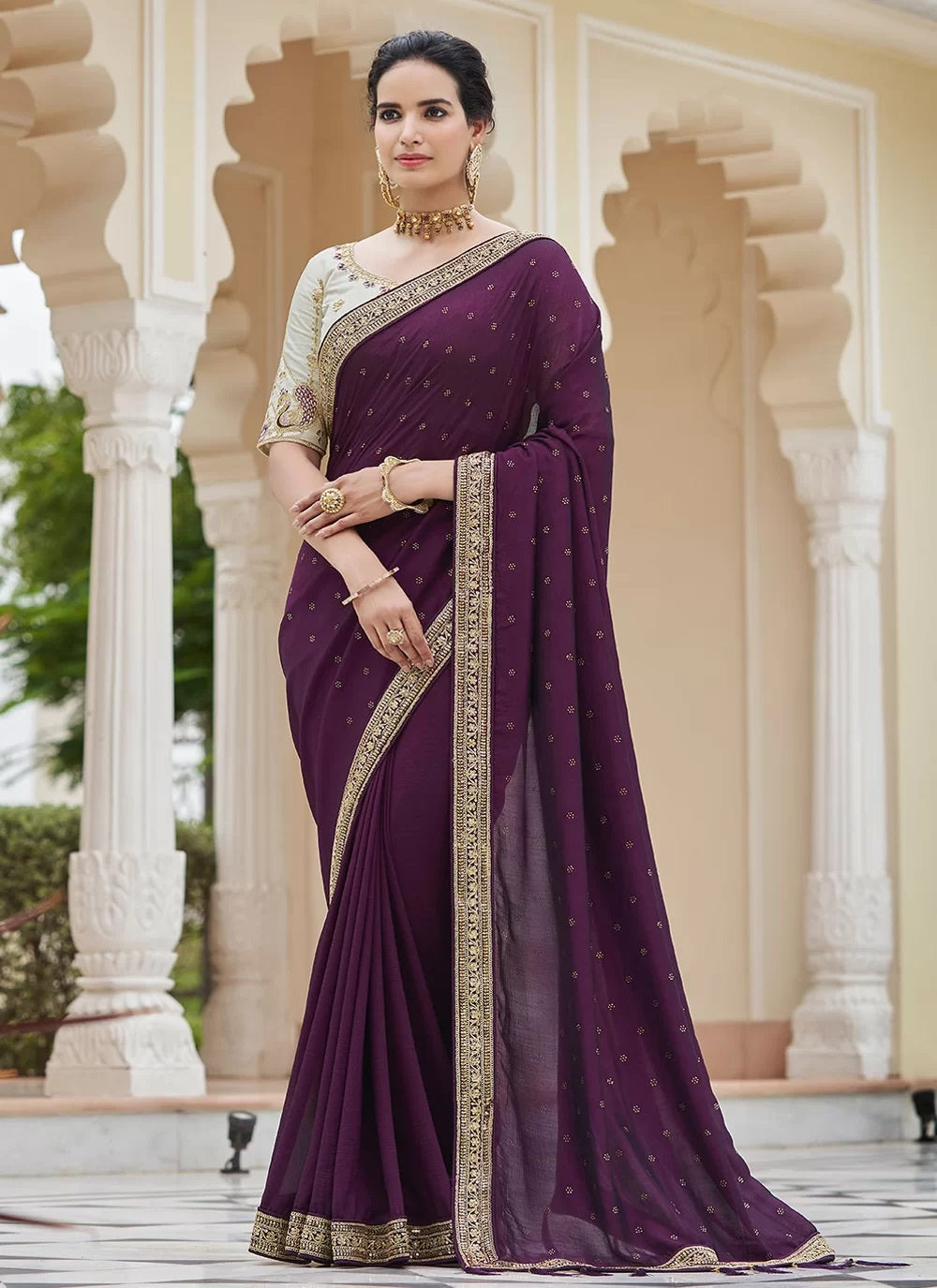 Elegant Purple Designer Vichitra Silk Saree with Swarovski Detailing