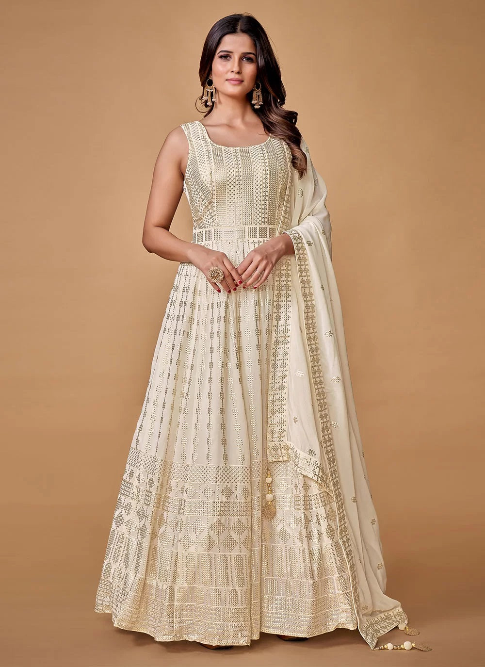 Elegant White Georgette Readymade Indian Sequin Gown XL (42) Elegant White Georgette Readymade Indian Sequin Gown XL (42)