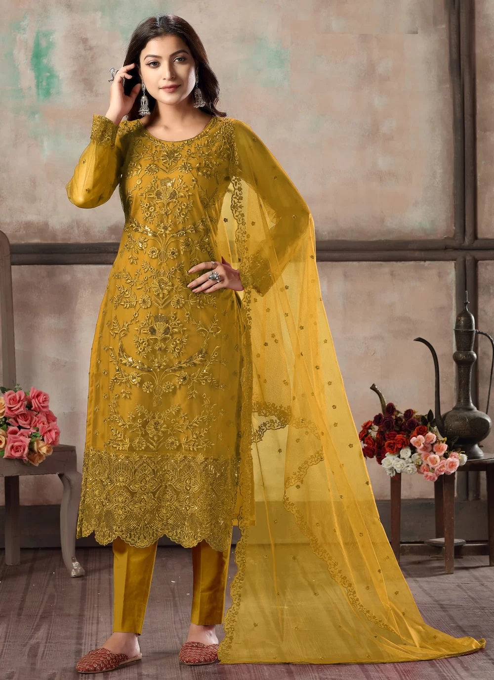 Embroidered Net Pakistani Suit in Mustard