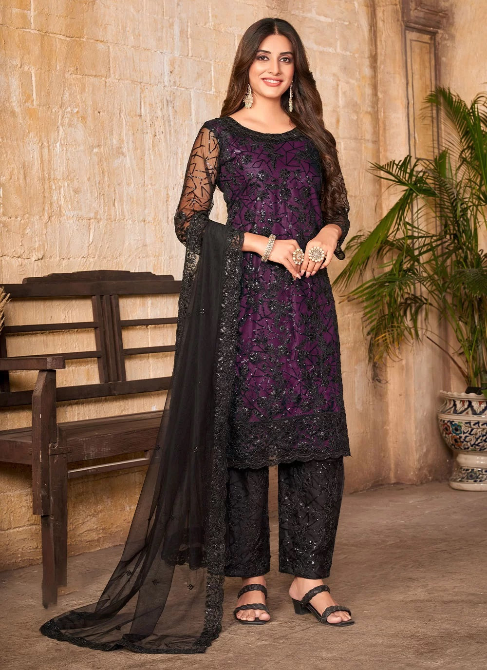 Embroidered Net Pakistani Suit With Embroidered Pant