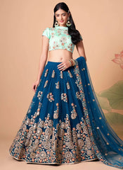 Exquisite Net Lehenga with Floral Thread Embroidery and Mirror Work