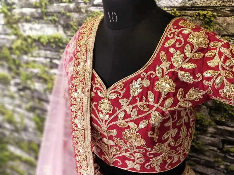 Red Raw Silk Lehenga Set With Ombre Dupatta - Priti Sahni