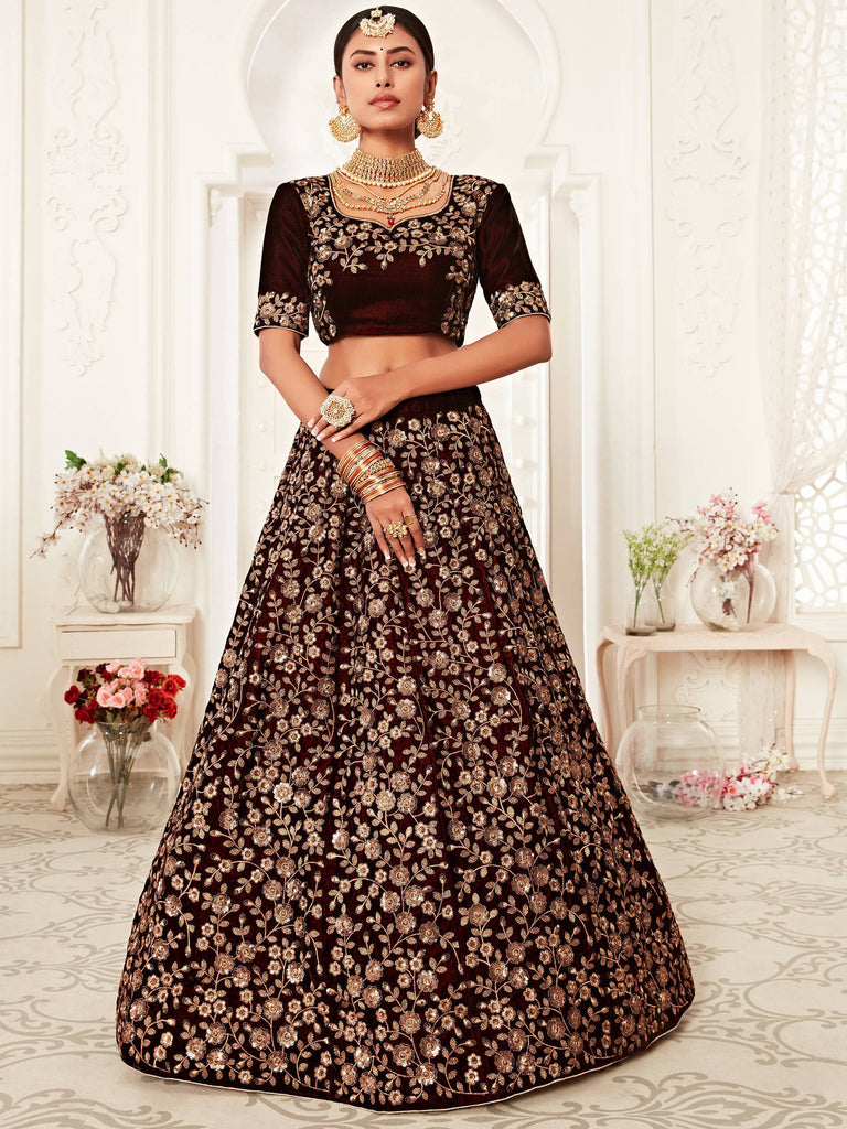 Buy Maroon lehenga choli in net with sequins and resham embroidered floral  jaal.