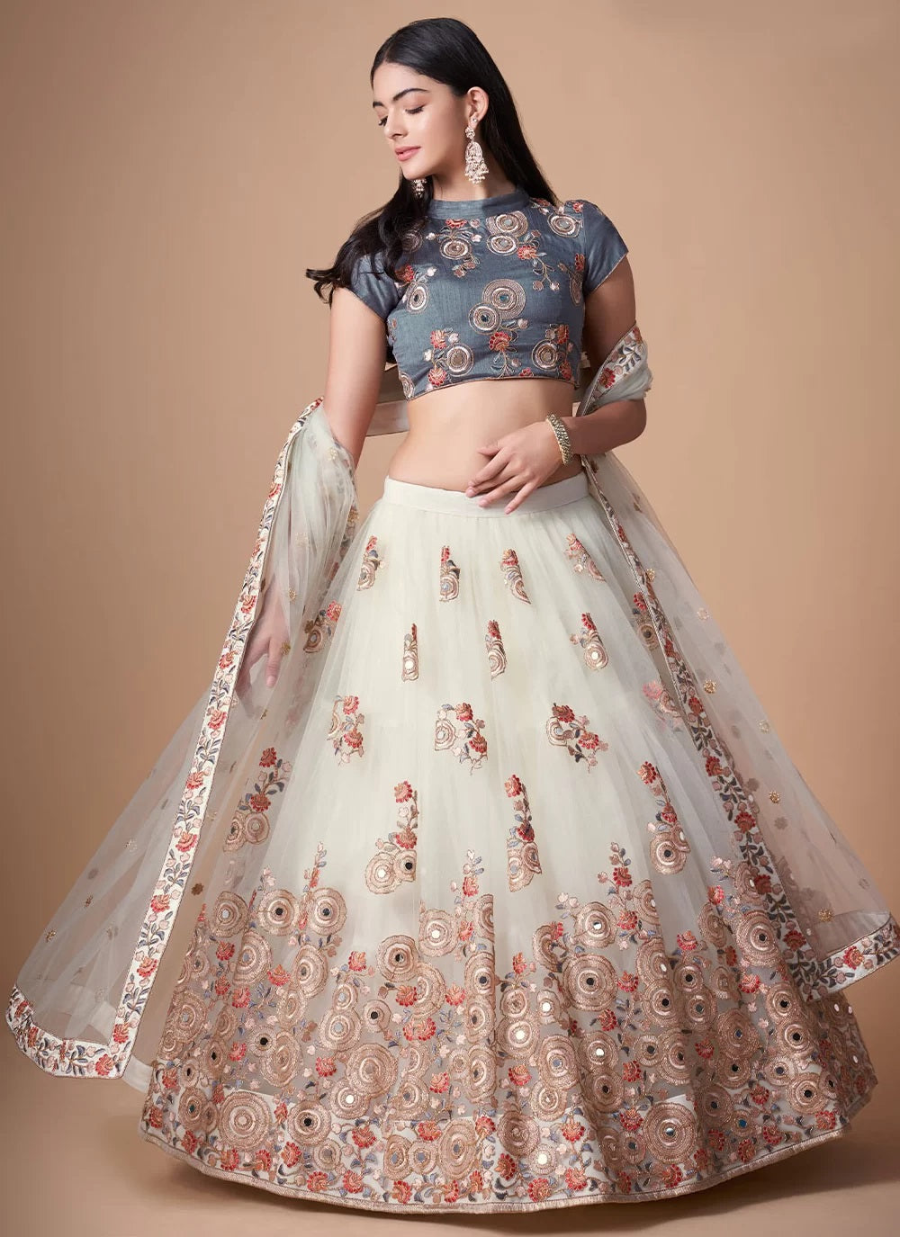 Fashionable Net Lehenga with Dori and Mirror Work Embroidery In Off White