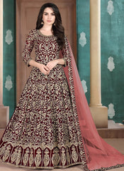 Faux Georgette Embroidered Maroon Anarkali Suit