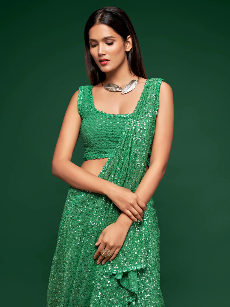 Faux Georgette Sequins Work Saree in Mint  Green