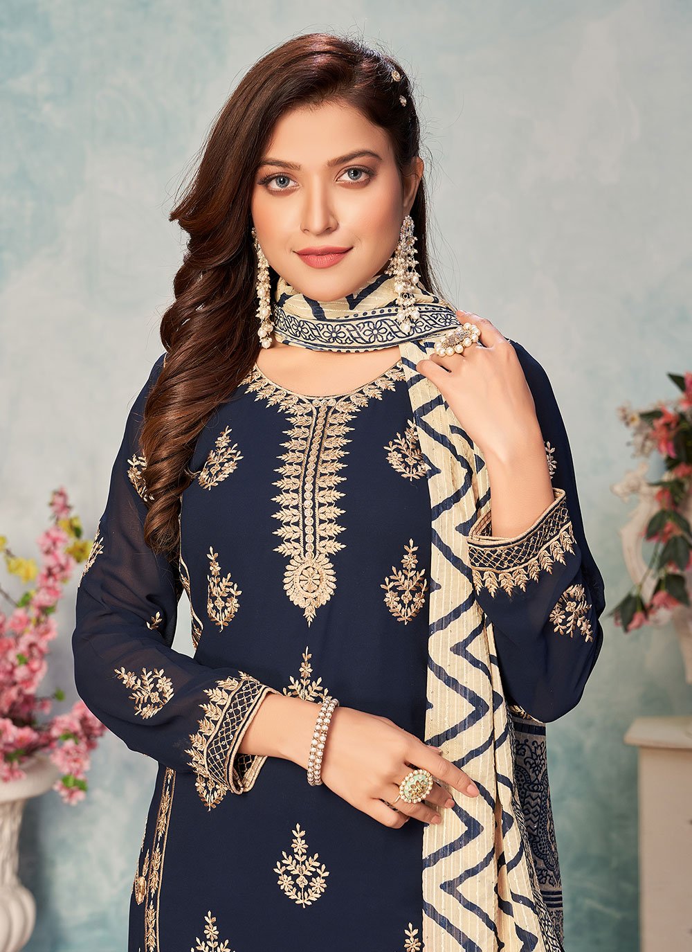 Festive Wear Blue Straight Salwar Kameez In Georgette Fabric