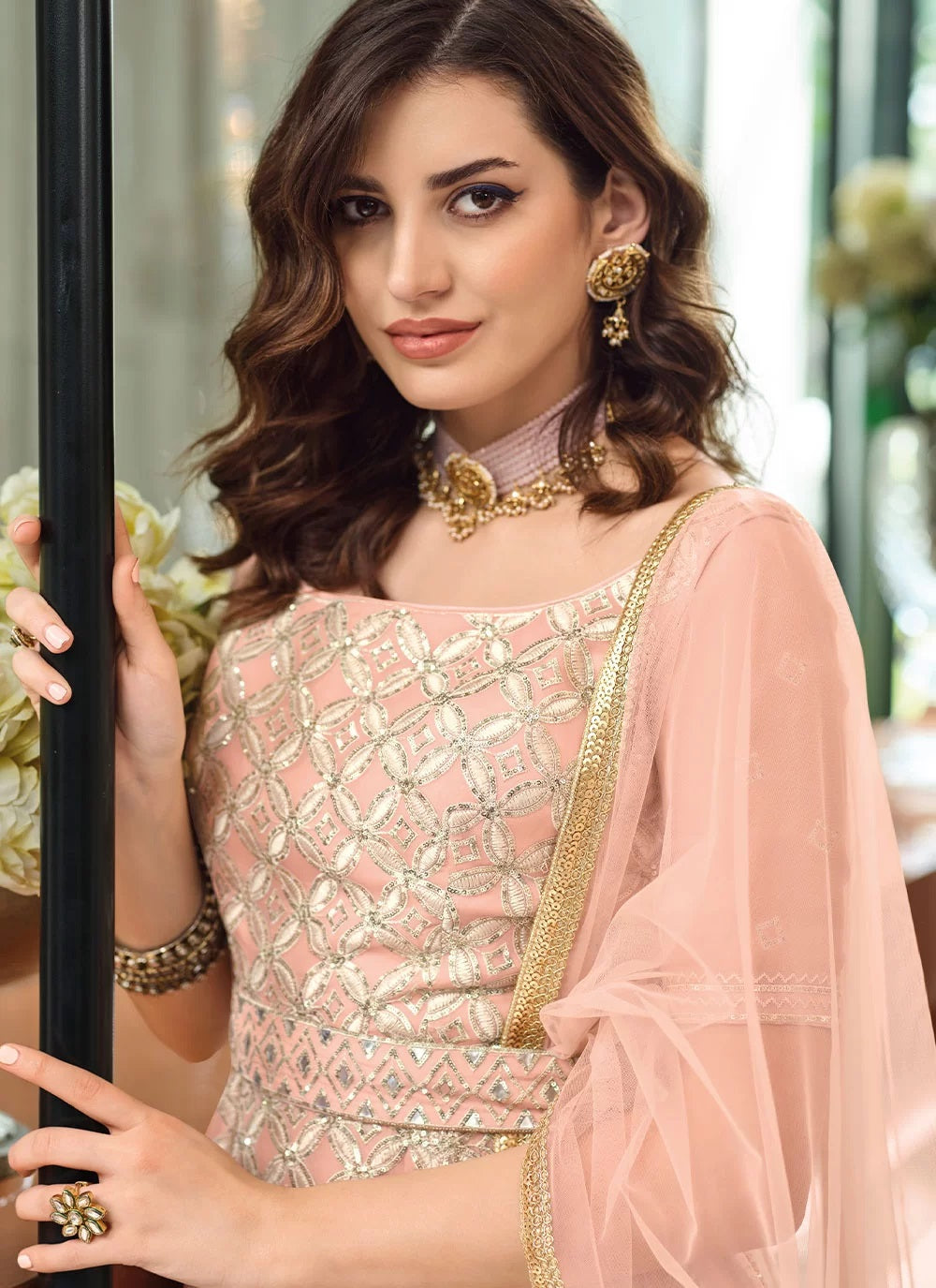 Peach Georgette Both Side embroidered Sharara Style Suit