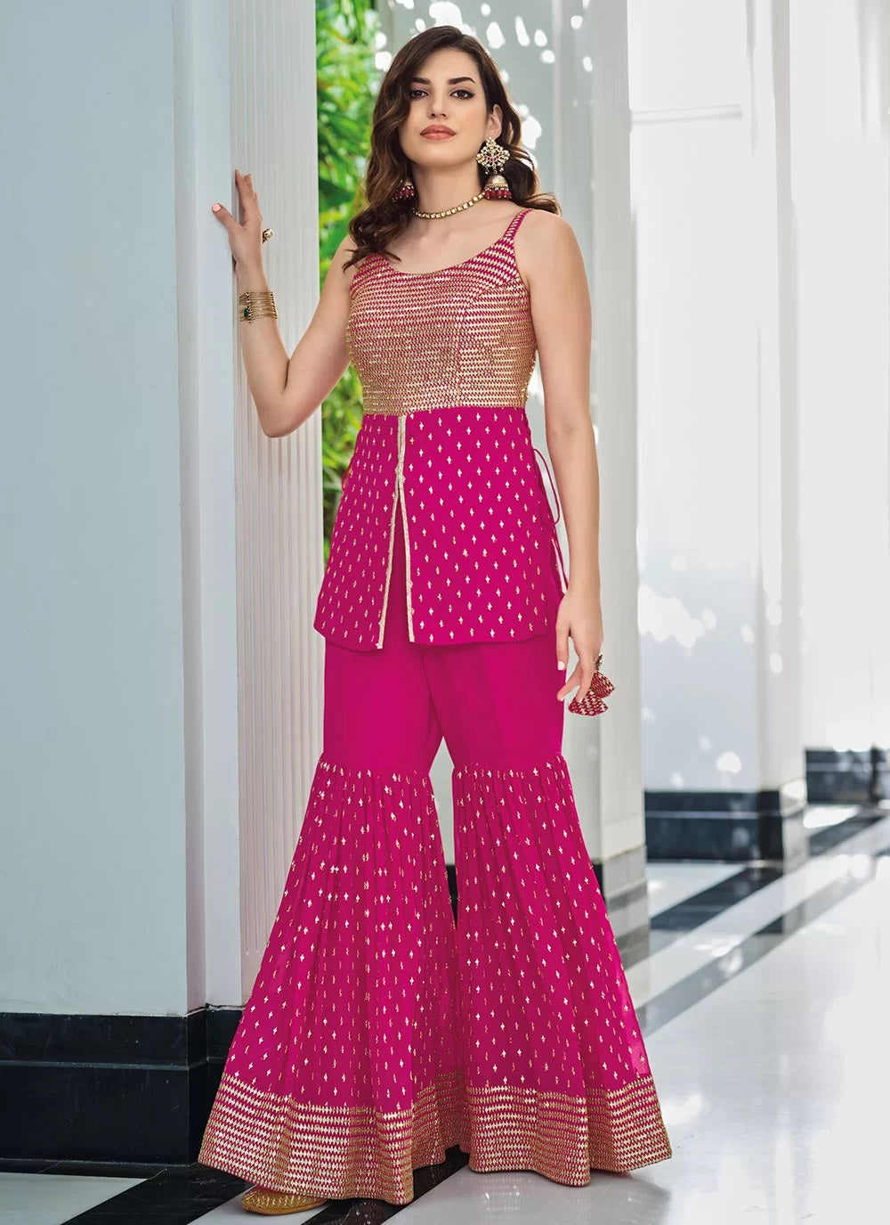 Readymade Embroidered Sharara Style Suit In Deep Pink