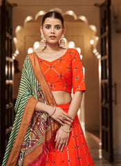 Georgette Thread with Sequince Embroidered work Lehenga In Orange